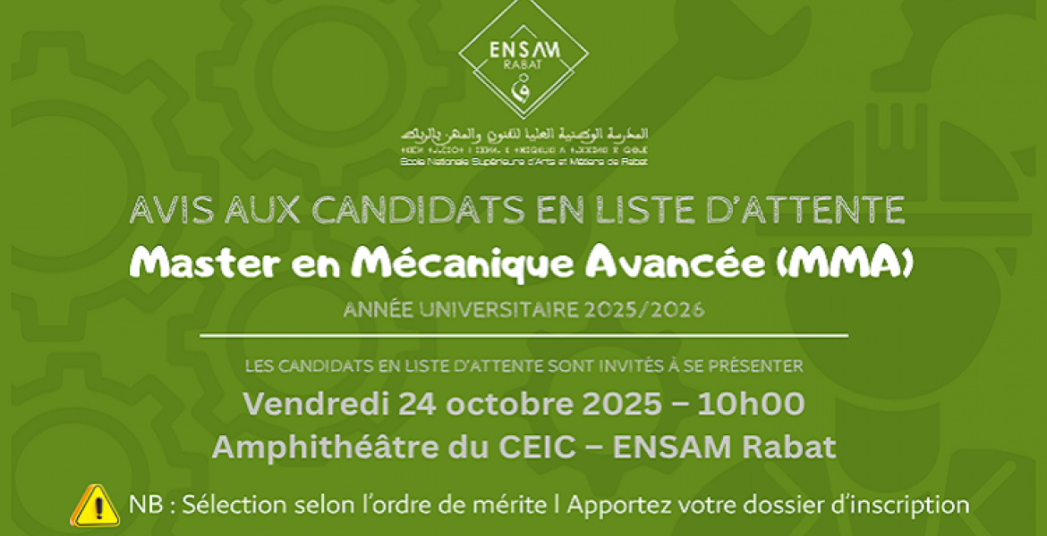 Avis aux candidats en liste d’attente - Master Mécanique Avancée (MMA)